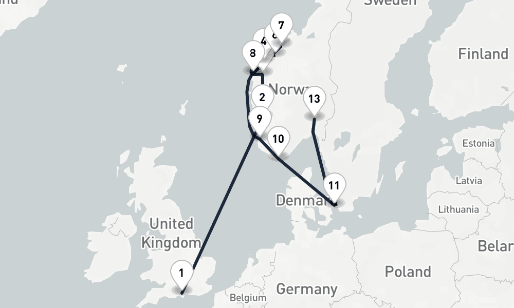 14 days, one-way from Southampton to Oslo 15日間