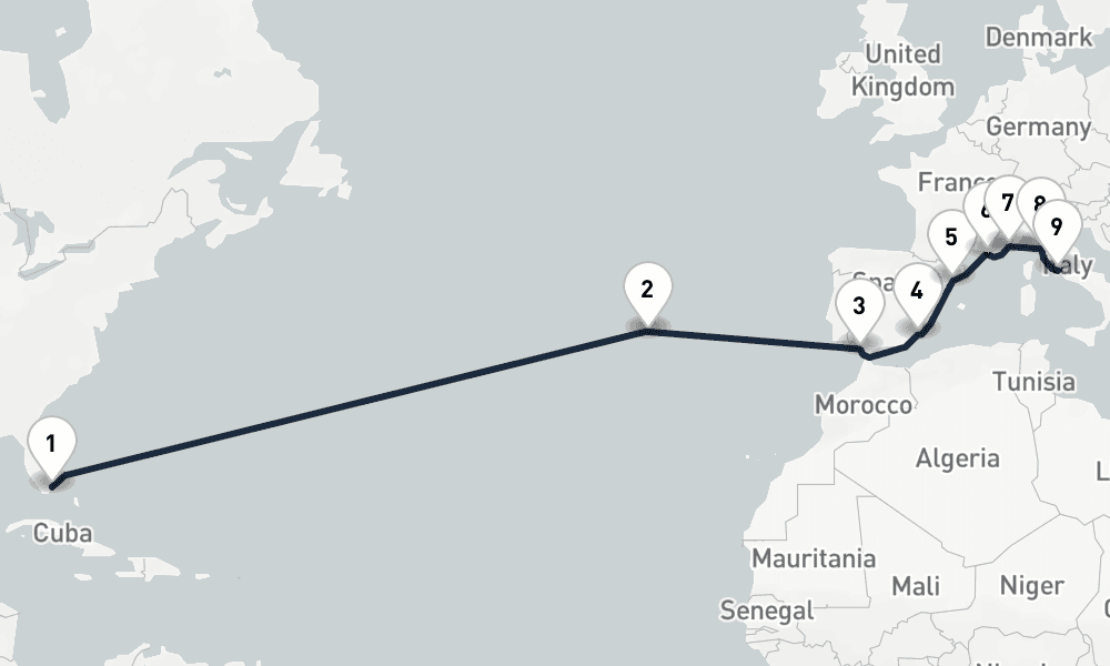16 days, one-way from Miami to Civitavecchia-Rome 17日間