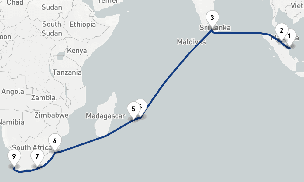 22 days, one-way from Singapore to Cape Town 23日間