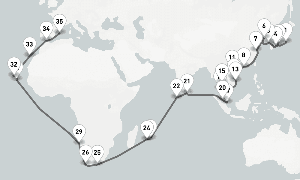 71 days, one-way from Yokohama to Palma de Mallorca 72日間