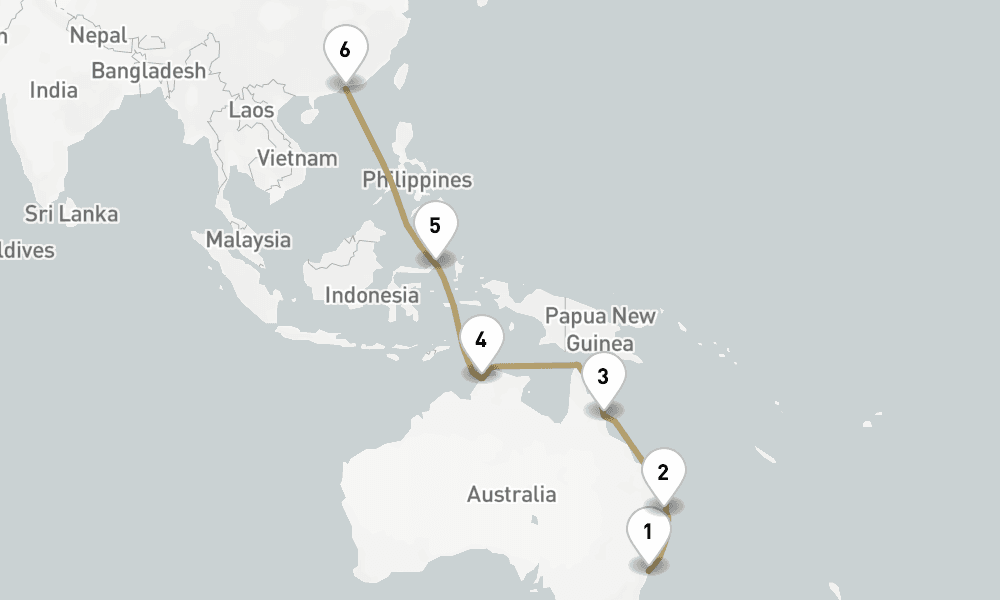 18 days, one-way from Sydney to Hong Kong 19日間