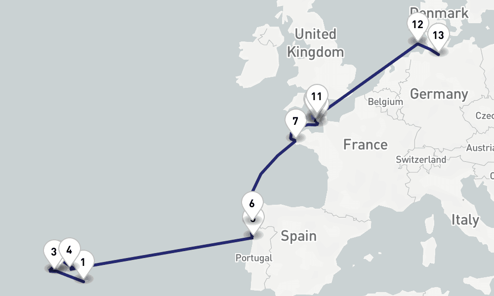 16 days, one-way from Ponta Delgada to Hamburg 17日間