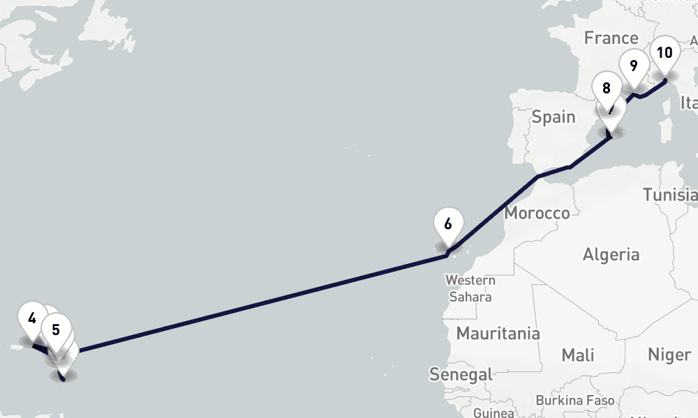 17 days, one-way from Fort-de-France to Genoa 18日間