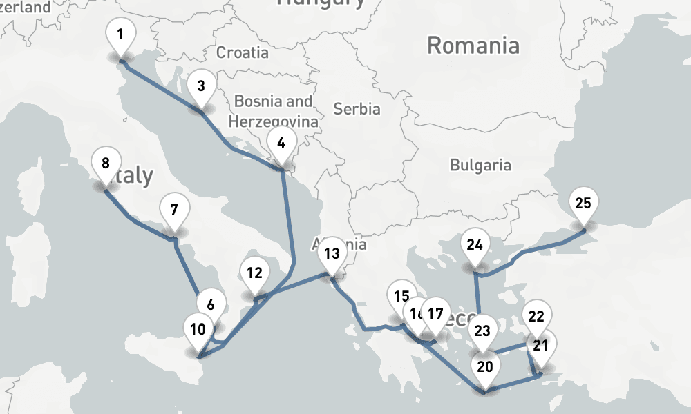 24 nights / 25 days, one-way from Venice to Istanbul
