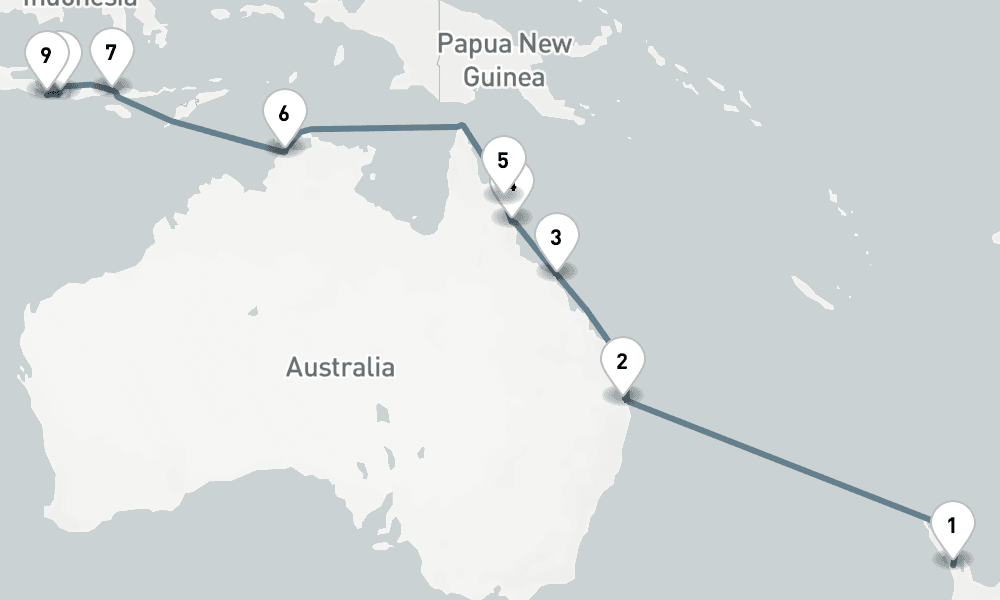 16 days, one-way from Auckland to Benoa 17日間