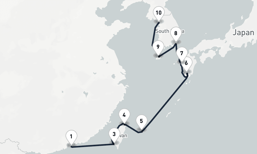12 days, one-way from Hong Kong to Incheon 13日間