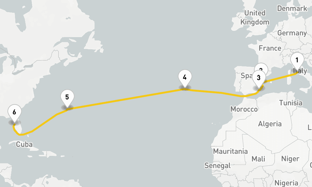 15 days, one-way from Civitavecchia-Rome to Tampa 16日間