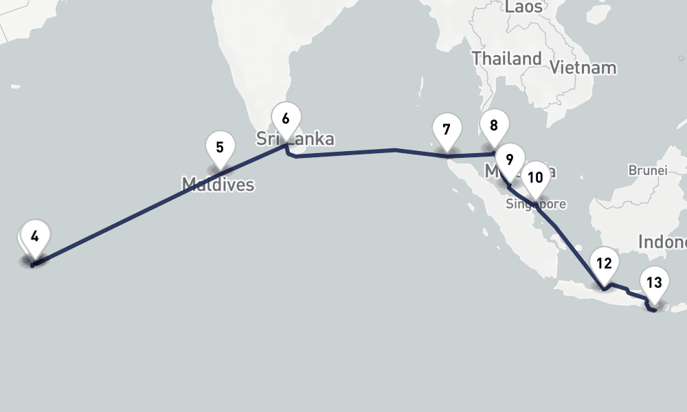 23 days, one-way from Mahe Island Seychelles to Benoa 24日間
