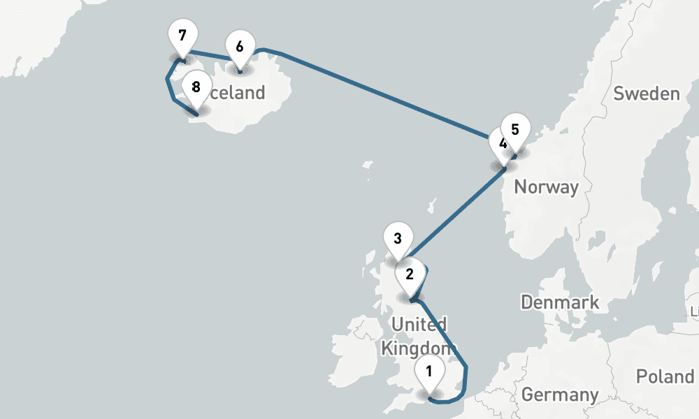 11 days, one-way from Southampton to Reykjavik 12日間