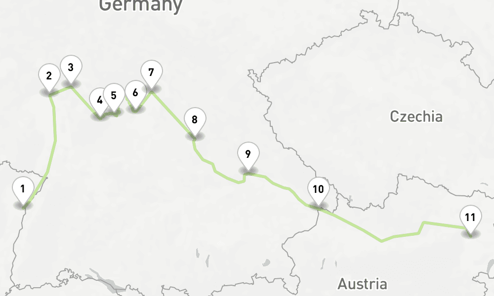 9 days, one-way from Kehl-Strasbourg to Vienna 10日間