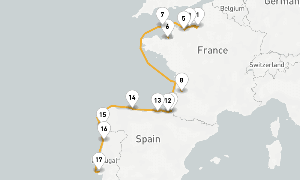 16 days, one-way from Rouen to Lisbon 17日間