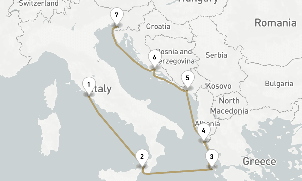 7 days, one-way from Civitavecchia-Rome to Trieste 8日間