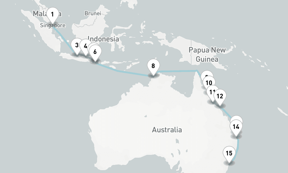 21 days, one-way from Singapore to Sydney 22日間