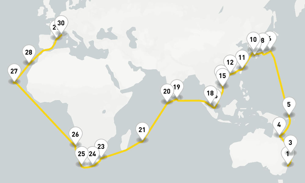 73 days, one-way from Sydney to Marseille 74日間