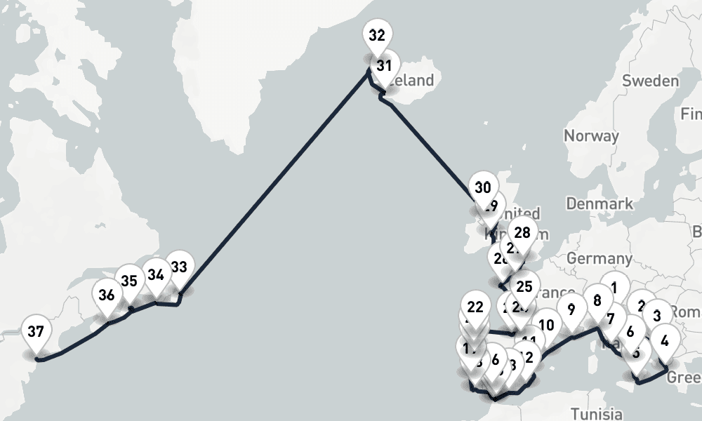 43 days, one-way from Venice to New York 44日間