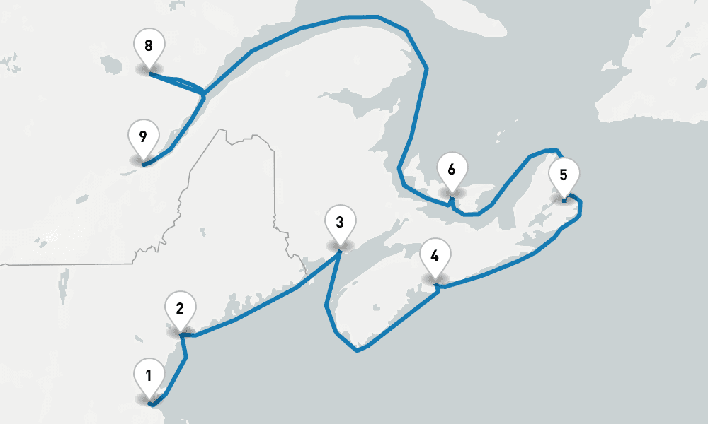 10 days, one-way from Boston to Quebec City 11日間
