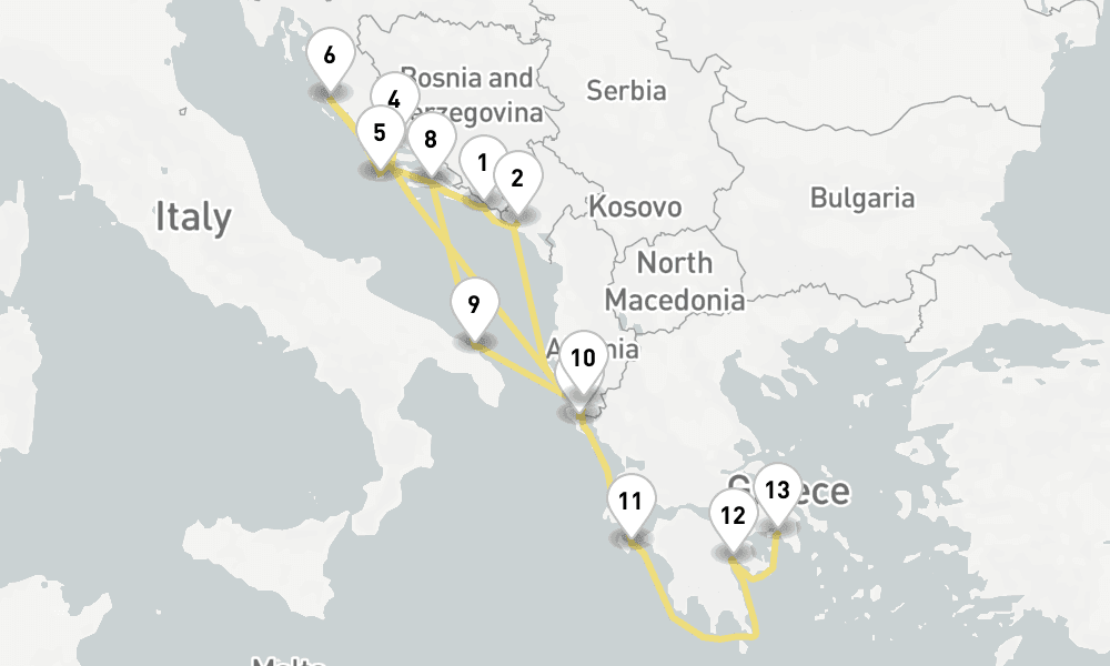 14 days, one-way from Dubrovnik to Piraeus-Athens 15日間