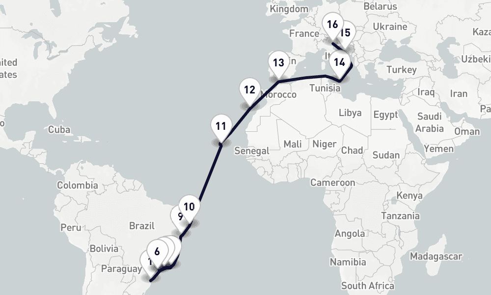 27 days, one-way from Itajai to Venice 28日間