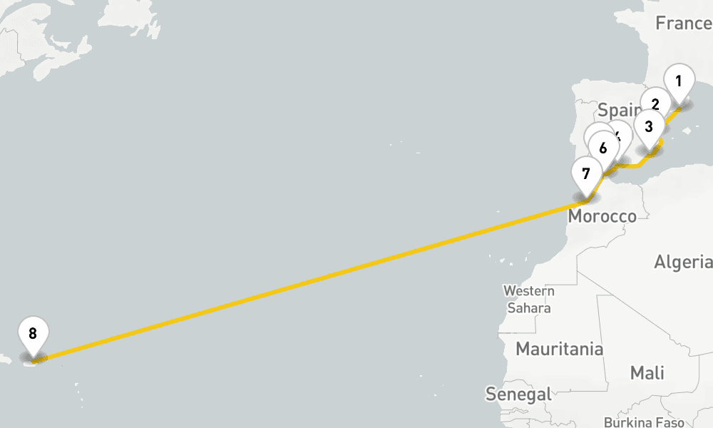 14 days, one-way from Barcelona to San Juan 15日間