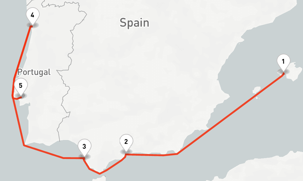 7 days, one-way from Palma de Mallorca to Lisbon 8日間