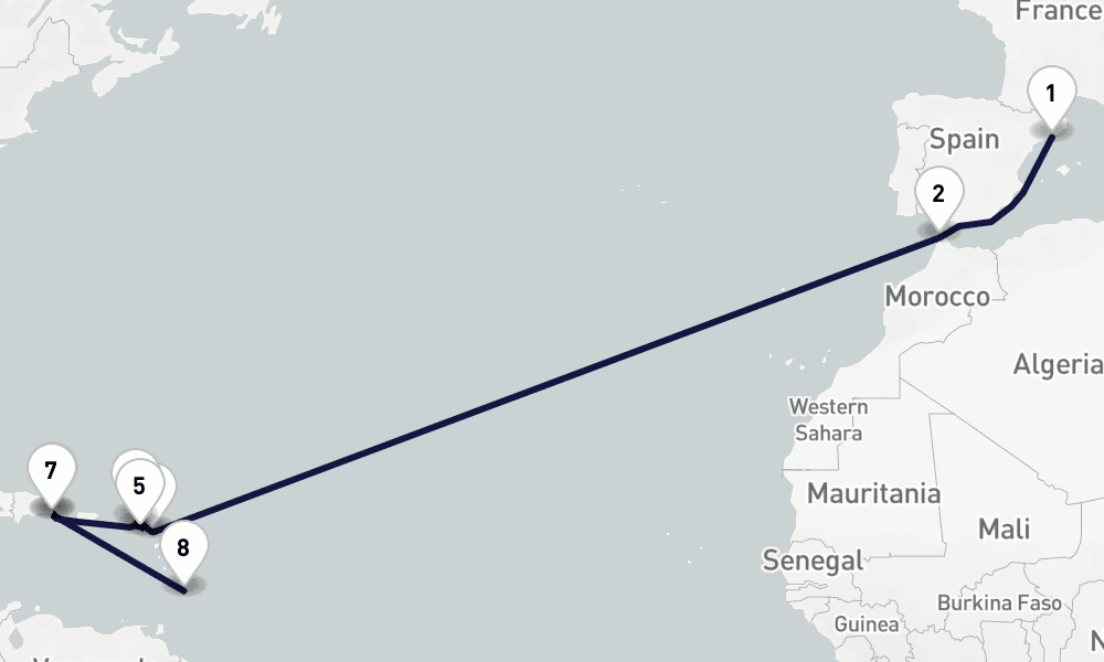 17 days, one-way from Barcelona to Bridgetown 18日間