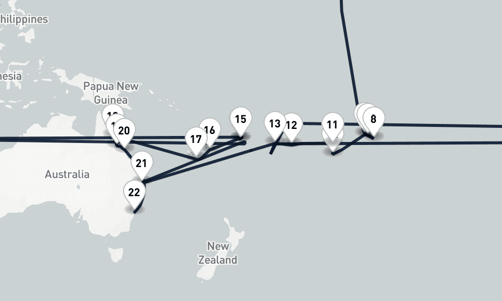 42 days, one-way from Los Angeles to Sydney 43日間