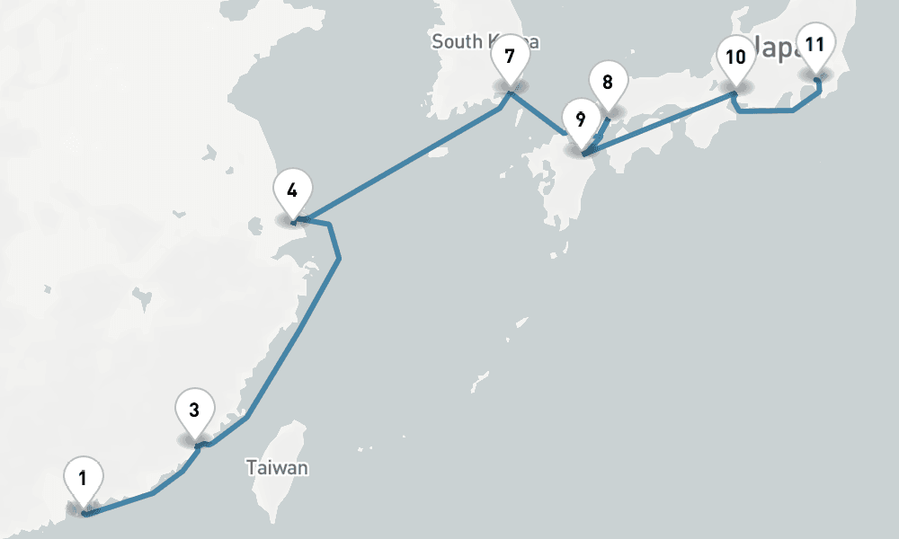 15 days, one-way from Hong Kong to Yokohama 16日間