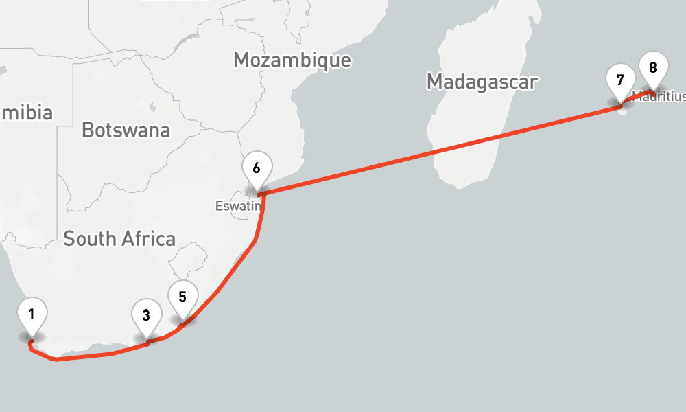 14 days, one-way from Cape Town to Port Louis 15日間