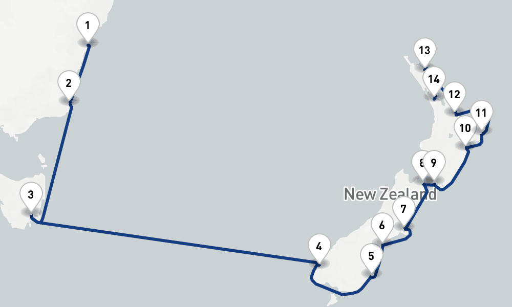 16 days, one-way from Sydney to Auckland 17日間