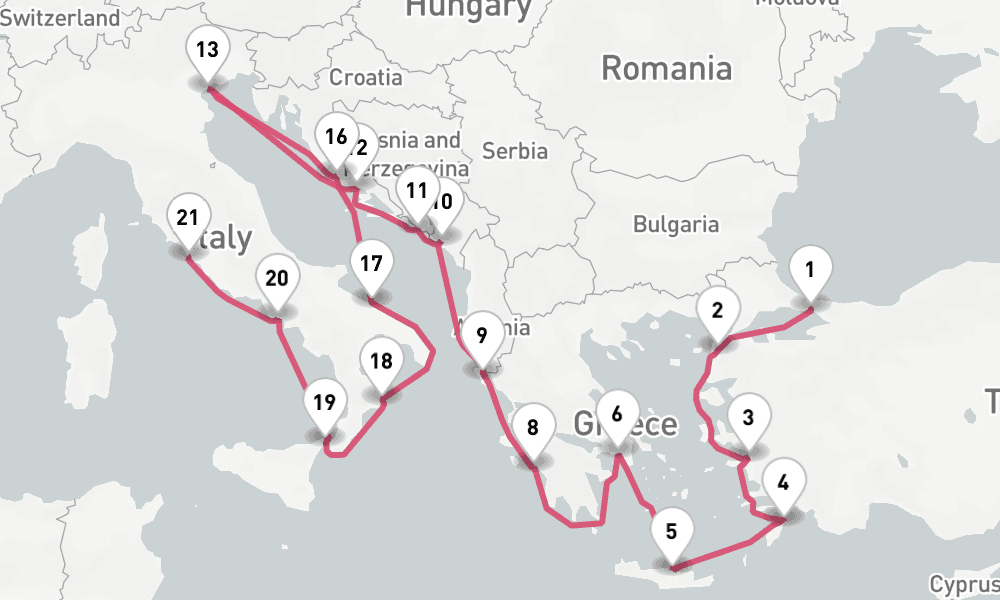 21 nights / 22 days, one-way from Istanbul to Civitavecchia (Rome, Italy)