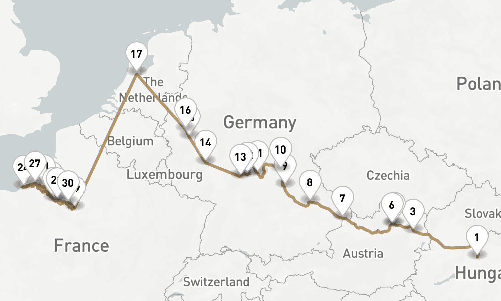 24 days, one-way from Budapest to Paris City 25日間