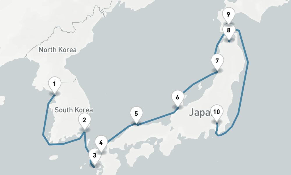 12 days, one-way from Incheon to Tokyo 13日間