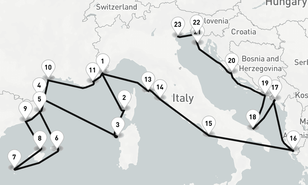 24 days, one-way from Villefranche-sur-Mer to Venice 25日間