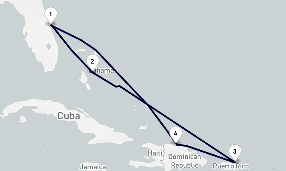 14 days, round-trip Caribbean Bahamas 15日間