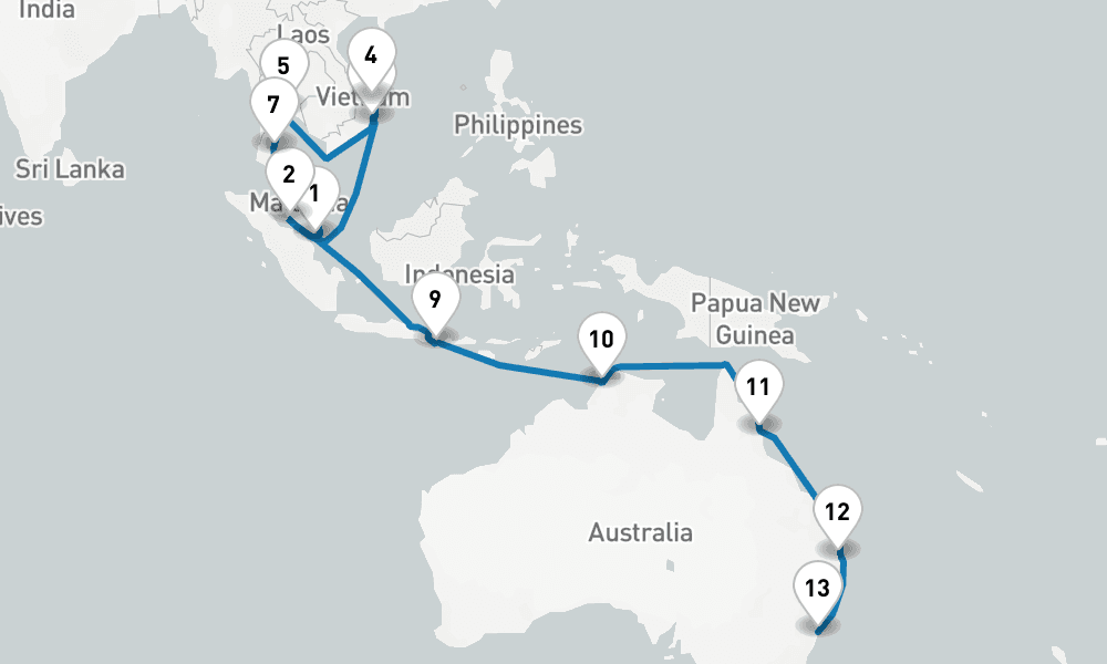 26 days, one-way from Singapore to Sydney 27日間