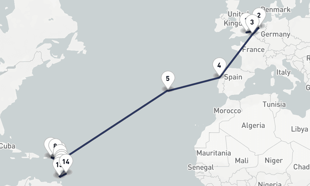 24 days, one-way from London-Tilbury to Bridgetown 25日間