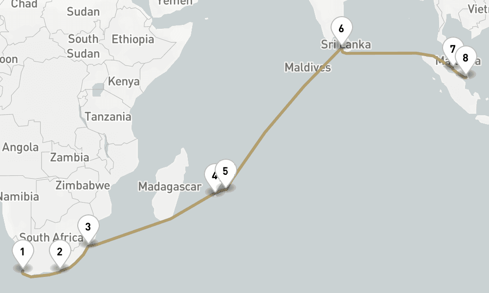 22 days, one-way from Cape Town to Singapore 23日間
