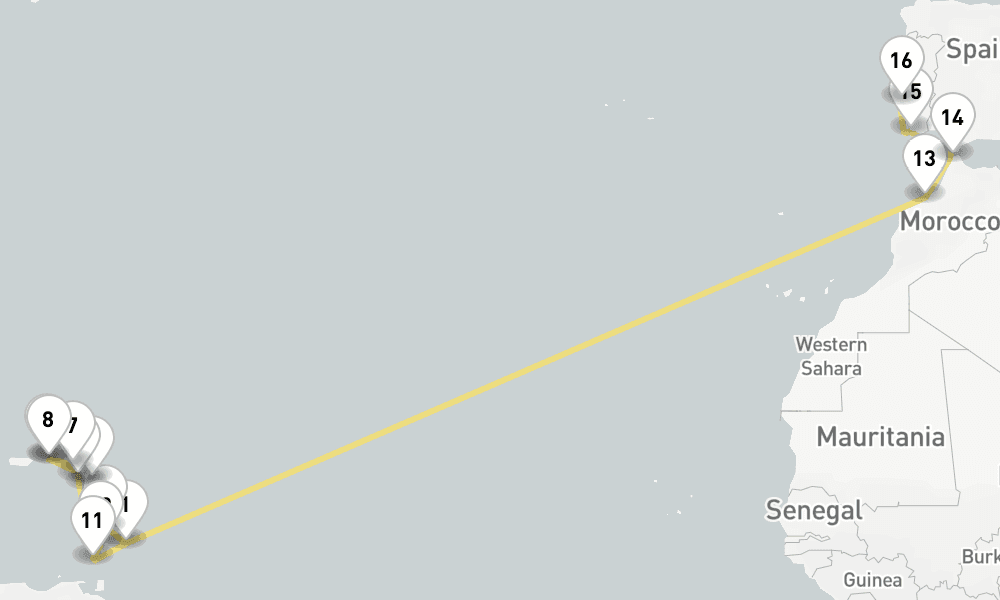 27 days, one-way from Bridgetown to Lisbon 28日間