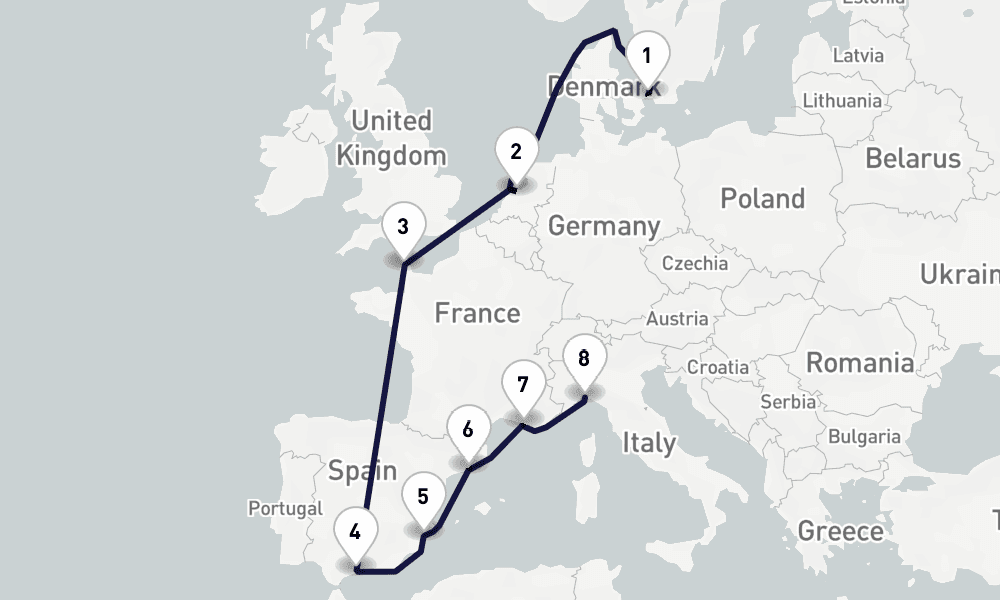 11 days, one-way from Copenhagen to Genoa 12日間