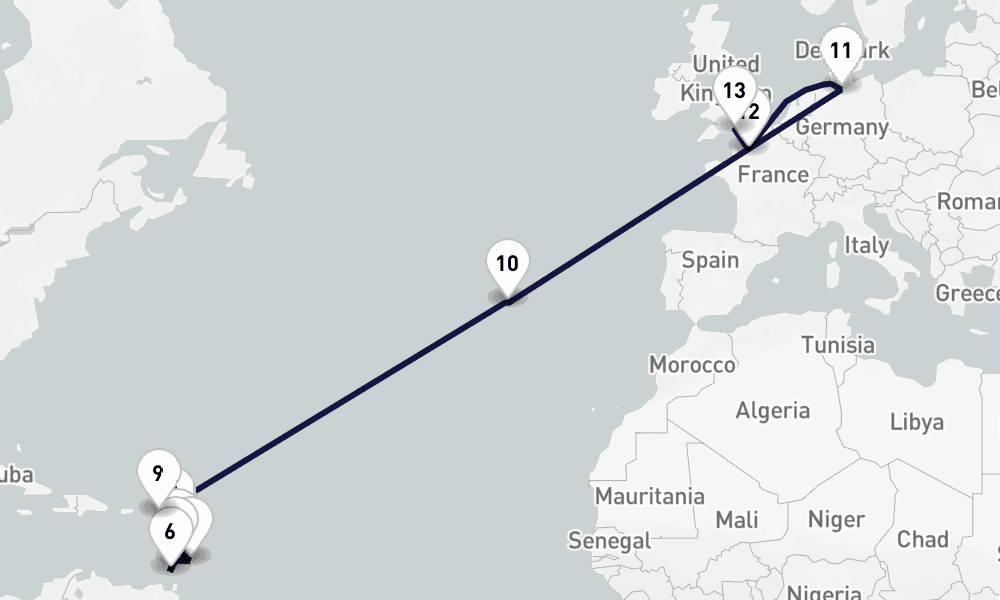 23 days, one-way from Fort-de-France to Southampton 24日間