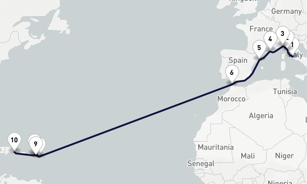 18 days, one-way from Civitavecchia-Rome to La Romana 19日間