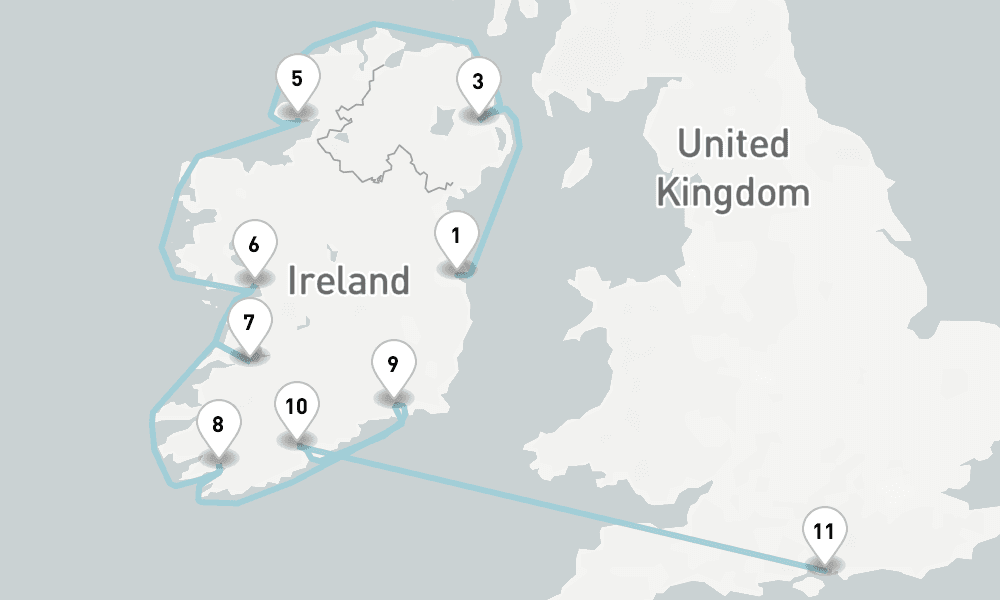 11 days, one-way from Dublin to Portsmouth UK 12日間
