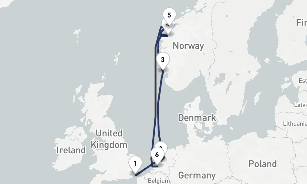 8 days, one-way from Dover to Rotterdam 9日間