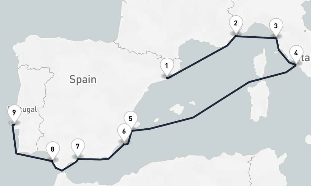 10 days, one-way from Barcelona to Lisbon 11日間