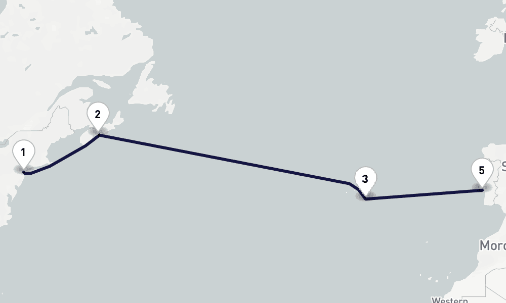 10 days, one-way from New York to Lisbon 11日間