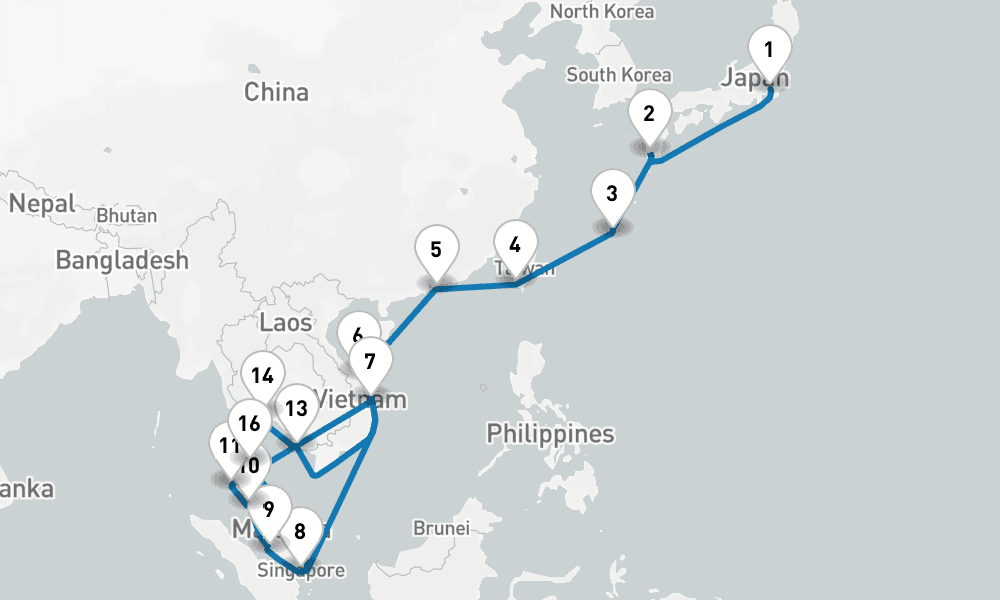 28 days, one-way from Tokyo to Singapore 29日間