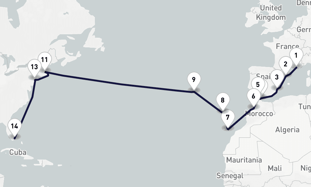 23 days, one-way from Marseille to Miami 24日間
