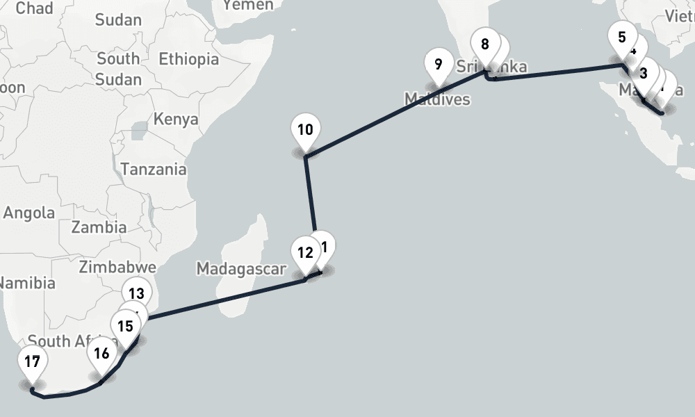 30 days, one-way from Singapore to Cape Town 31日間