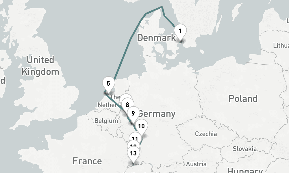 10 days, one-way from Copenhagen to Basel 11日間