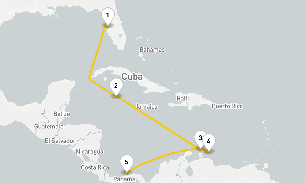 7 days, one-way from Tampa to Colon 8日間